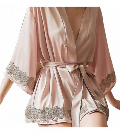 Robes Women's Lingerie Robe Satin V-Neck Short Kimono Robe with Inside Ties - Pink - C019CDSGS45 $18.51