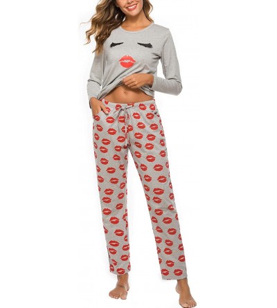 Sets Women's Cotton Long Sleeve Pajamas Set Cute Print Top and Pants Pjs Lounge Sets with Pocket - A-grey - CJ18Z84YA08 $31.62
