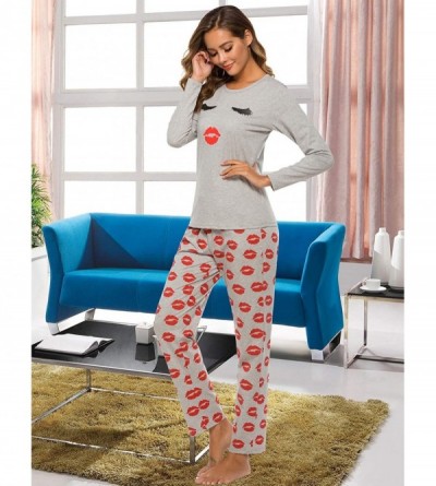 Sets Women's Cotton Long Sleeve Pajamas Set Cute Print Top and Pants Pjs Lounge Sets with Pocket - A-grey - CJ18Z84YA08 $31.62