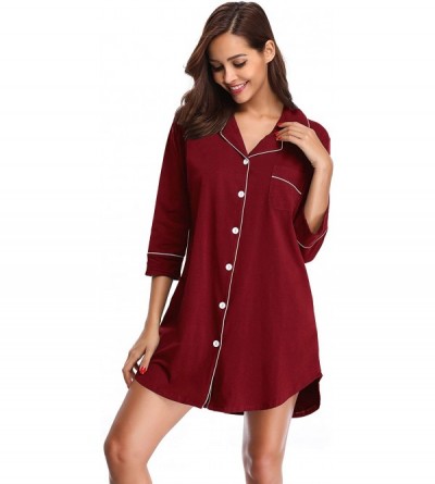 Nightgowns & Sleepshirts Womens Long Sleeve Sleep Shirt Nightgown Button Down Lapel Nightshirt Sleepwear Dress - Red - C7193I...