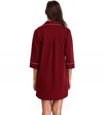 Nightgowns & Sleepshirts Womens Long Sleeve Sleep Shirt Nightgown Button Down Lapel Nightshirt Sleepwear Dress - Red - C7193I...