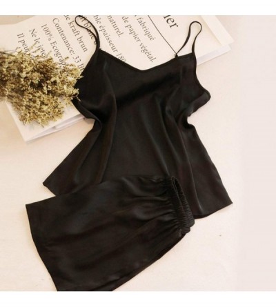 Robes Sexy Pajamas for Women Summer Elegant Solid Satin Camisole + Shorts Sleepwear Set - Black - CD19D0U9SOA $11.53