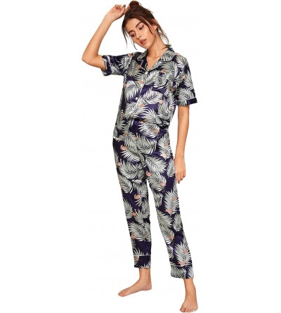 Sets Women's Printed Pajamas Set Button Down Sleepwear Nightwear Pj Lounge Sets - Green Navy Leaf - CZ18UU7AD9C $20.21