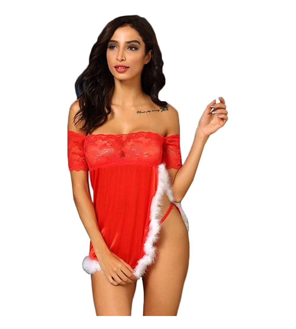Thermal Underwear Women Lace Sexy Red V-Neck Christmas Lingerie with Thong Off-Shoulder Nightdress Pajamas Underwear - D-red ...
