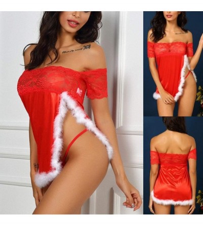 Thermal Underwear Women Lace Sexy Red V-Neck Christmas Lingerie with Thong Off-Shoulder Nightdress Pajamas Underwear - D-red ...