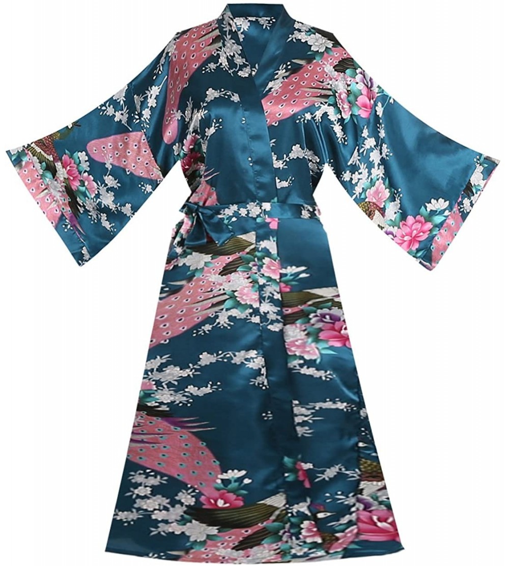 Robes Women Kimono Robe Silk Pajamas Loungewear Peacock Satin Nightwear - Teal - C6186NY9S3Y $16.01