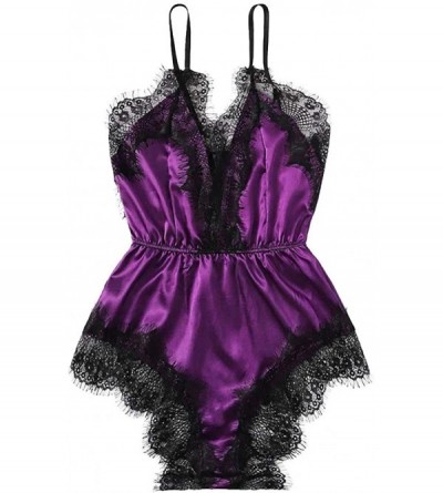 Robes Women Lingerie One Piece Lace Satin Mini Teddy Lace Bodysuit Mesh Babydoll Jumpsuit Underwear - Purple - CV190MXCXWE $1...