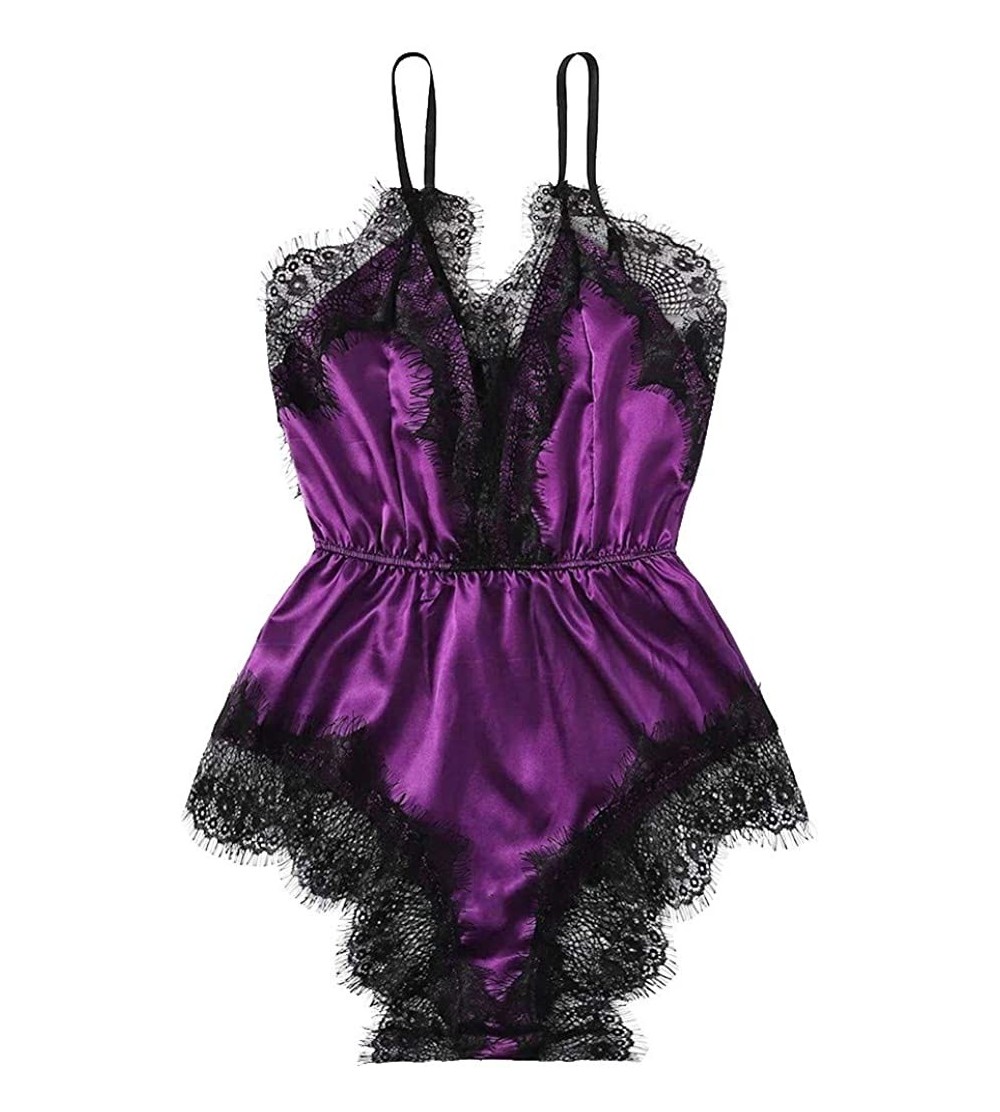 Robes Women Lingerie One Piece Lace Satin Mini Teddy Lace Bodysuit Mesh Babydoll Jumpsuit Underwear - Purple - CV190MXCXWE $1...