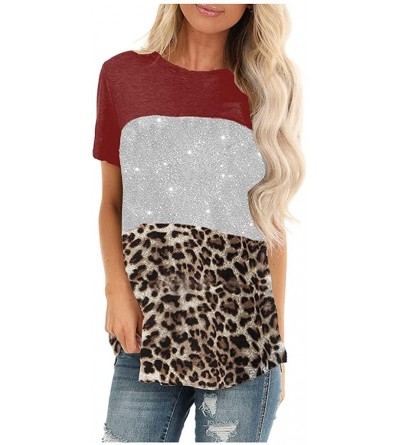 Thermal Underwear Leopard Print Tops for Women Casual Short Sleeve T Shirts O Neck Sequin Tunic Elegant Tops - Za-red - CF197...