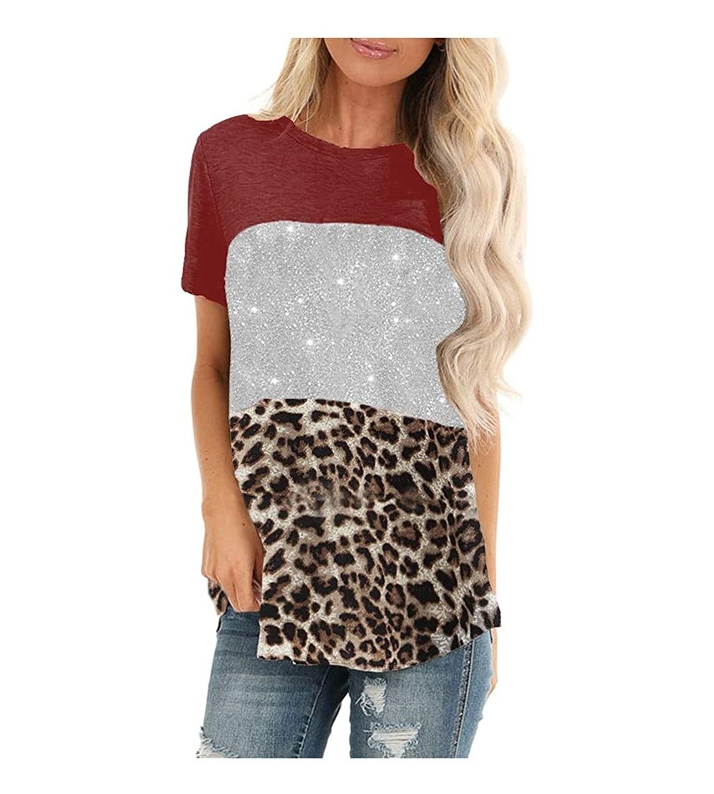 Thermal Underwear Leopard Print Tops for Women Casual Short Sleeve T Shirts O Neck Sequin Tunic Elegant Tops - Za-red - CF197...