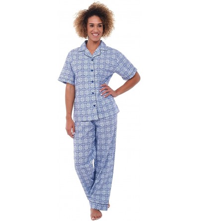 Sets Women's Lightweight Button Down Pajama Set- Short Sleeved Polka Dot Cotton Pjs - Blue Moroccan Tile - CN12LV2ETBN $28.99