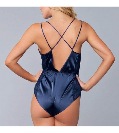 Sets Plus Size Womens Sexy Fashion Satin Lace Patchwork Lingerie Bodysuit Underwear - Blue - CZ18SR86L8O $23.10