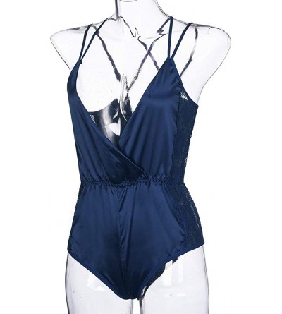 Sets Plus Size Womens Sexy Fashion Satin Lace Patchwork Lingerie Bodysuit Underwear - Blue - CZ18SR86L8O $23.10
