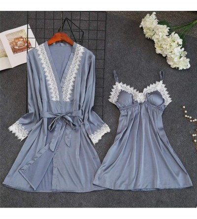 Robes Sleepwear Set for Women Sexy Lace Splicing Bathrobe Chemise Nightgown Pajamas Set Soft Breathable Nightwear Outfit Gray...
