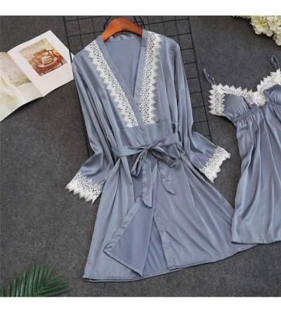 Robes Sleepwear Set for Women Sexy Lace Splicing Bathrobe Chemise Nightgown Pajamas Set Soft Breathable Nightwear Outfit Gray...