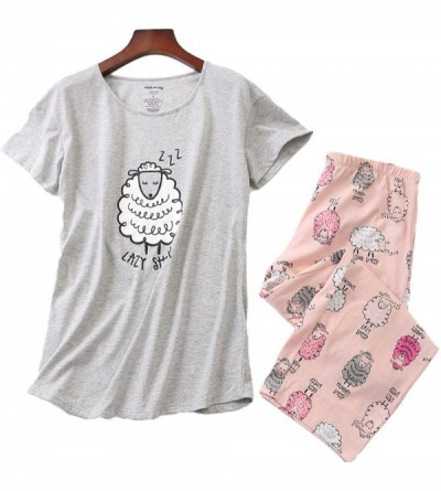 Sets Womens Juniors Cute Printed Cotton Pajamas Set 2 Pieces Sleepwear with Pants - Grey-sheep - C518R8ZZATM $35.23