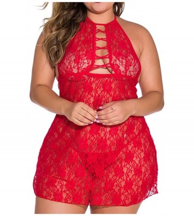 Accessories Women Lace Pajamas Lingerie Sexy Halter Perspective Plus Size Underwear Nightdress with Thong - Red - CP197WEQ5QN...