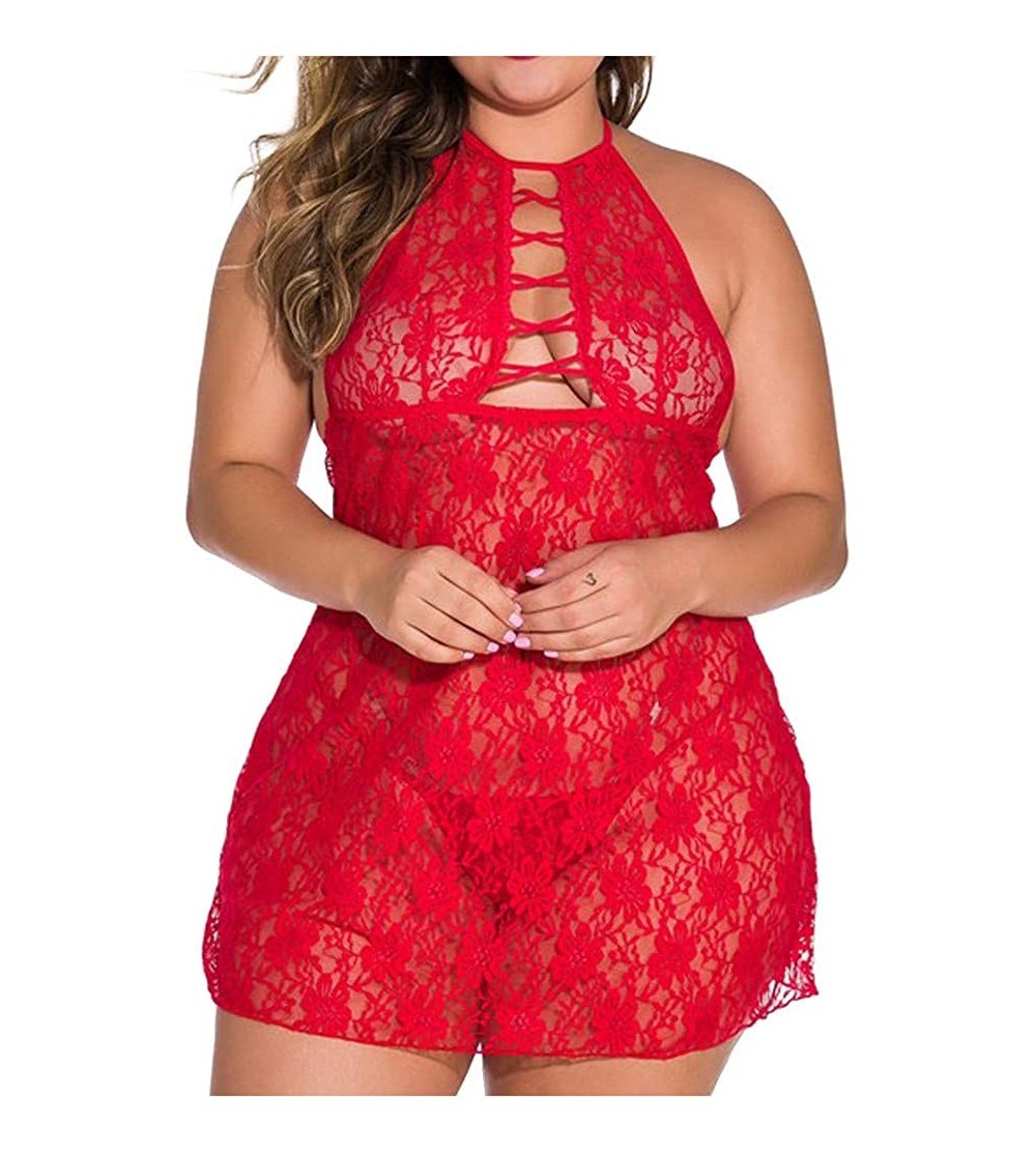 Accessories Women Lace Pajamas Lingerie Sexy Halter Perspective Plus Size Underwear Nightdress with Thong - Red - CP197WEQ5QN...