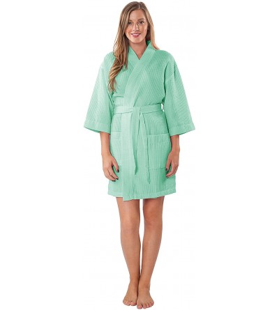 Robes Lightweight Thigh Length Waffle Kimono Bridesmaids Spa Robe - Mint Green - CI12MYGB34B $42.08