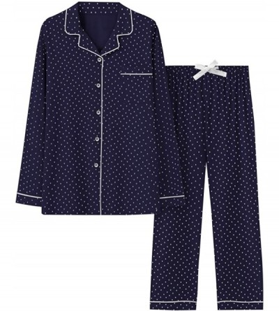 Sets Long Sleeve Pajama Set for Women Button Down Knit PJS Top & Lounge Pants - Long Navy/White Dots - CL18TQDMHR5 $24.18