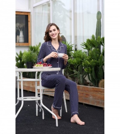 Sets Long Sleeve Pajama Set for Women Button Down Knit PJS Top & Lounge Pants - Long Navy/White Dots - CL18TQDMHR5 $24.18