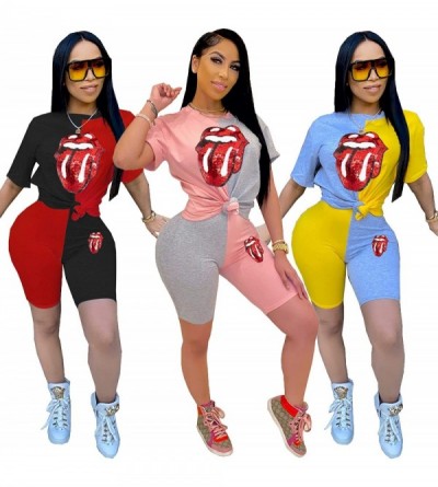 Sets Womens 2 Piece Shorts Set Lip Print Tracksuit Outfits Short Sleeve Shirts Tops and Bodycon Shorts Sets Blue red - C41905...
