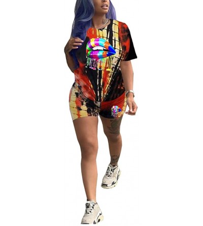 Sets Womens 2 Piece Outfits Tie Dye Short Sleeve T Shirts + Biker Shorts Set Tracksuit Summer Casual Rompers Lip Black - CP19...