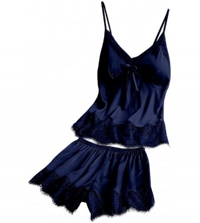 Sets Women Satin Pajamas Set Silk Lace Sleepwear Cami Nightwear Shorts Lingerie 2 Pcs Pajamas - Solid - Navy - CT193HQ2UNT $2...