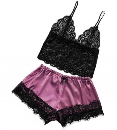Sets Women's Sleepwear Sets- Sexy Lace Cami Top with Shorts 2 Piece Lounge Pajama Set - Hot Pink - C019540DGWD $11.28