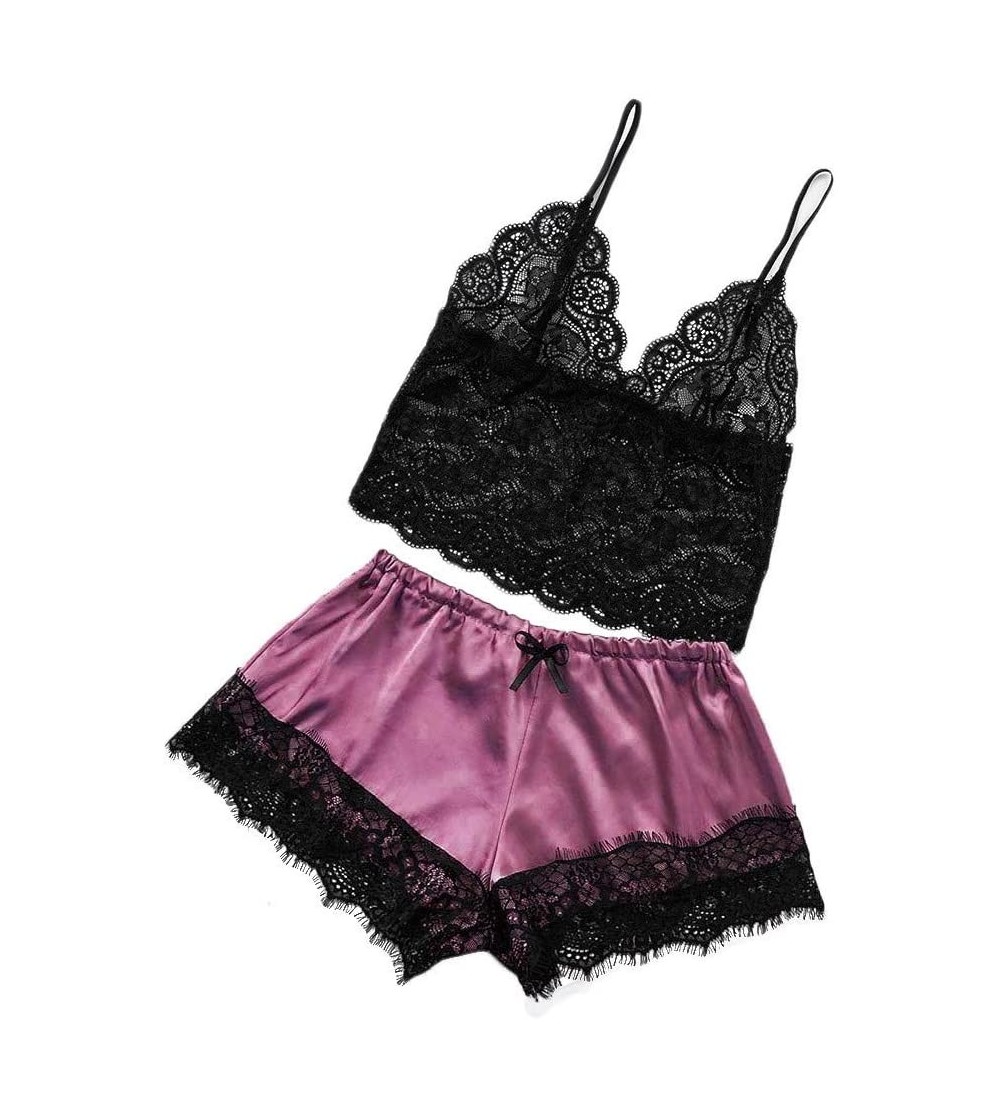 Sets Women's Sleepwear Sets- Sexy Lace Cami Top with Shorts 2 Piece Lounge Pajama Set - Hot Pink - C019540DGWD $11.28