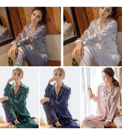 Sets Autumn Women Ladies Sexy Satin Silk Pajamas Sets Long Sleeve Tops+Pants Sleepwear Mujer Nightwear Pyjama Femme Blue - C5...