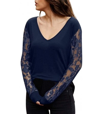 Tops Women's Sexy Lace Tops Shirts Solid V-Neck Long Sleeve Basic T Shirt Slim Fit Blouse - Dark Blue - CB18WOO3ROW $11.76