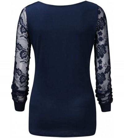 Tops Women's Sexy Lace Tops Shirts Solid V-Neck Long Sleeve Basic T Shirt Slim Fit Blouse - Dark Blue - CB18WOO3ROW $11.76