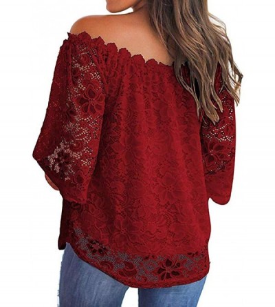 Thermal Underwear Off The Shoulder Tops for Women Ladies Lace Mesh Short Sleeve Boat Neck T-Shirt Tops Blouse - Winered - CU1...