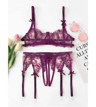 Tops Women Lingerie Corset Embroidery Lace Sleepwear Bowknot Underwear Tops+Briefs - Wine - CZ18WXIL7MN $11.12