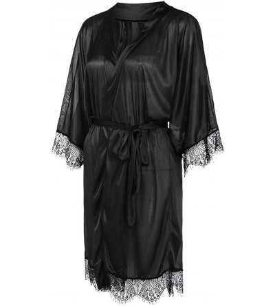 Robes Sexy Simulation lace Bathrobe Fashion Women Sexy Black Silk Satin Kimono Robe Lace Lingerie Bodydoll - Black - CN19399M...
