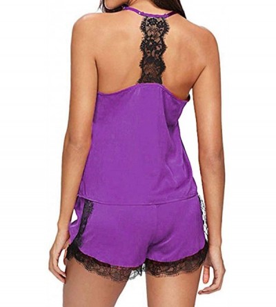 Sets Pajamas Women's Sexy Lingerie Cami Sleepwear Shorts Set Solid Color Lace Trim Nightwear - Purple - CO194QTIGIG $13.23