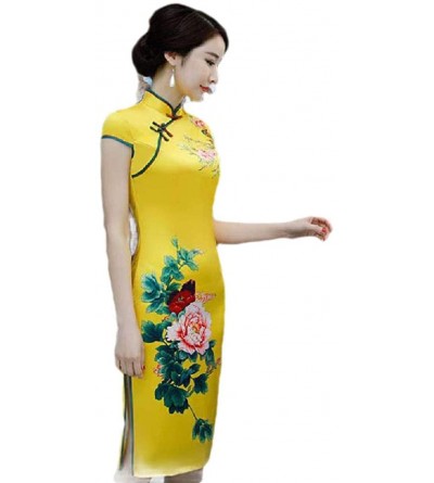 Robes Womens Floral Print Slim Short Sleeve Split Chinese Qipao Dress Robe - Yellow - C7199U2ZEE8 $41.82
