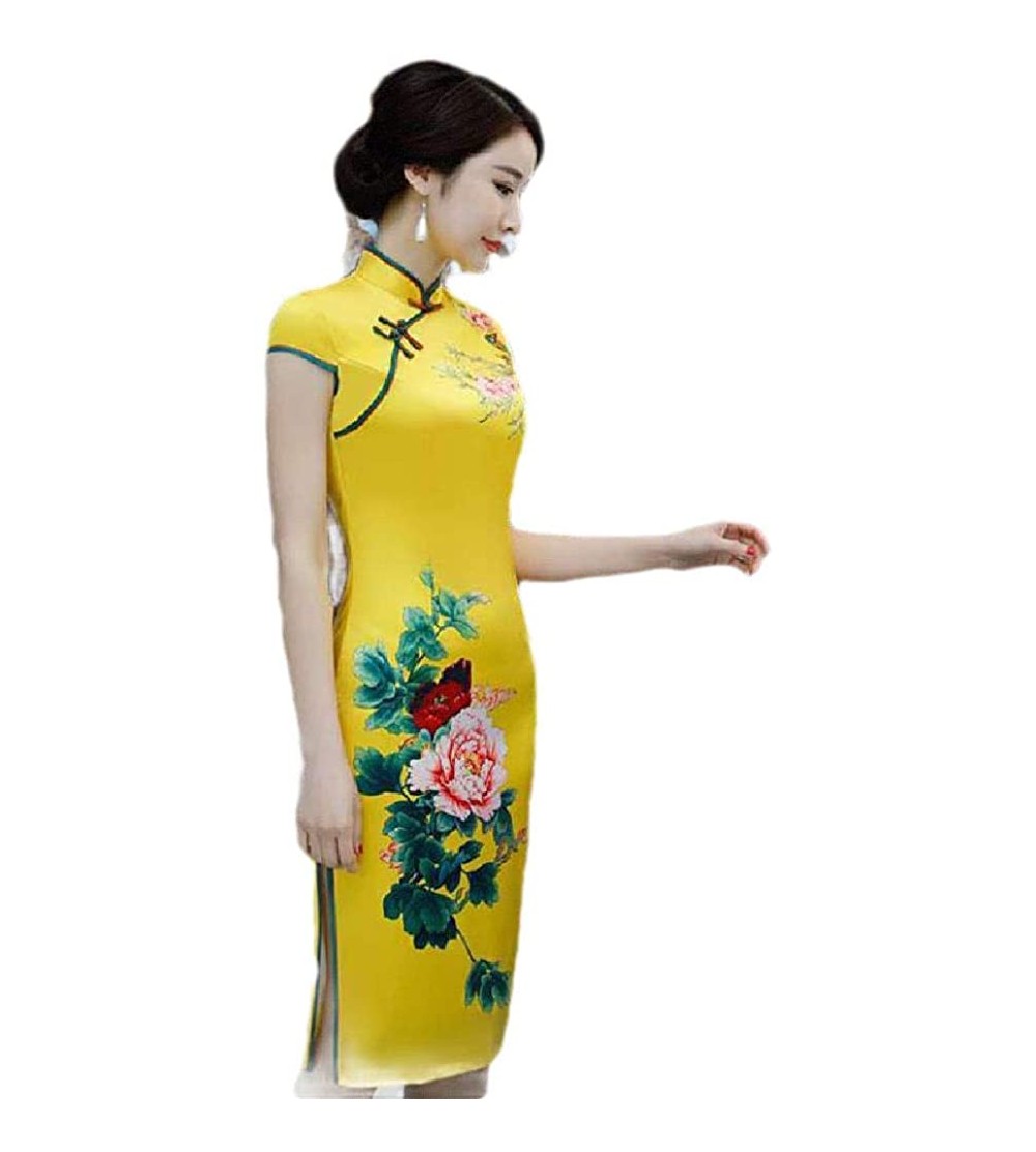 Robes Womens Floral Print Slim Short Sleeve Split Chinese Qipao Dress Robe - Yellow - C7199U2ZEE8 $41.82