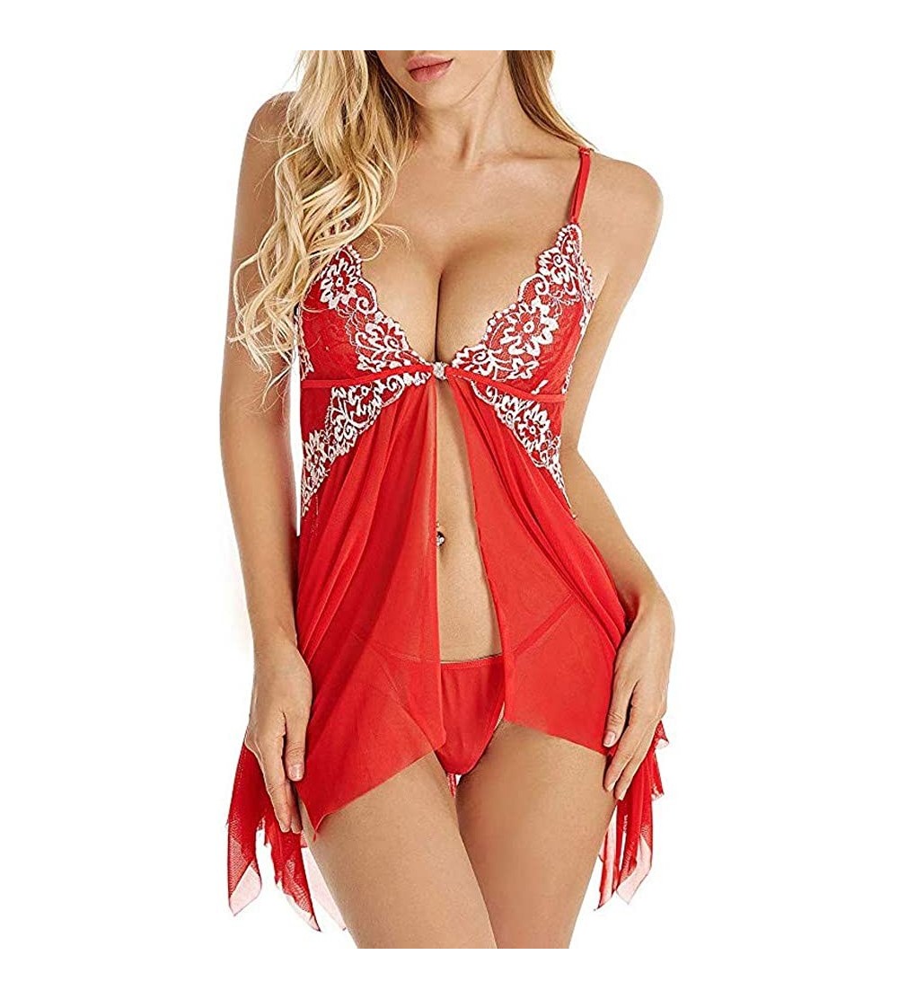 Nightgowns & Sleepshirts Lingerie for Women Tempting Front Closure Lace Patchwork V Neck Mesh Sleepwear Lingerie - X1-red - C...