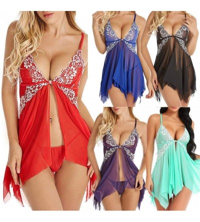 Nightgowns & Sleepshirts Lingerie for Women Tempting Front Closure Lace Patchwork V Neck Mesh Sleepwear Lingerie - X1-red - C...