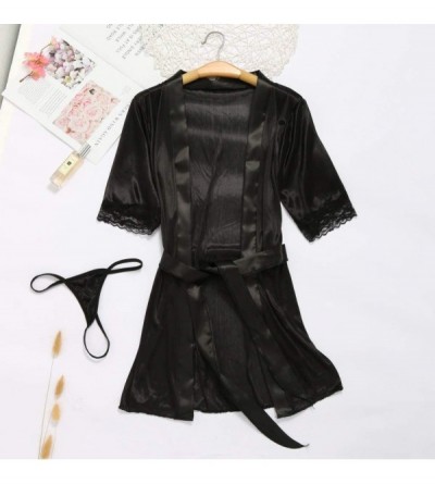 Robes Women Ladies Sexy Lace Silk Underwear Lingerie Sleepwear Nightdress Robe Dress - Black - CV18MG7KIEX $11.00