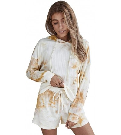 Sets Women Tie dye Pajama Set Nightwear Sleepwear Cute Drawstring V Neck Tie Dyed Loungewear Hoodies with Shorts Apricot - CW...