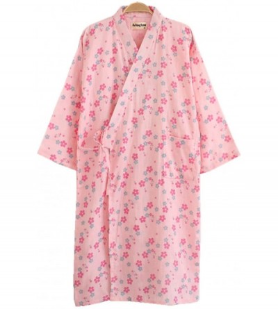Robes Women Cotton Kimono Bathrobe with Pockets Robe 8 Color - Pink Cherry Blossoms - CY12I1IHM5Z $24.18
