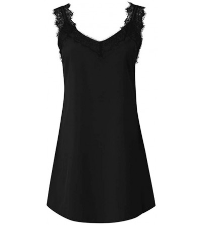 Thermal Underwear Women Dress Lace Spaghetti Strap V Neck Sleeveless Casual Mini Sleepwear Pajamas Dress - Black - CL194KGDLS...