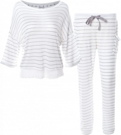 Sets Pajamas for Women Soft Stripes Lace Loungewear 3/4-Length Sleeve Sleepwear Button Down Nightwear Pj Lounge Sets-White & ...