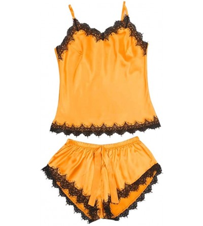 Sets Women Sexy Satin Sling Ruffled Pajamas Sleepwear Set Sling V Neck Vest Tops Loose Comfy Shorts - Orange - C618RQGDCR9 $1...
