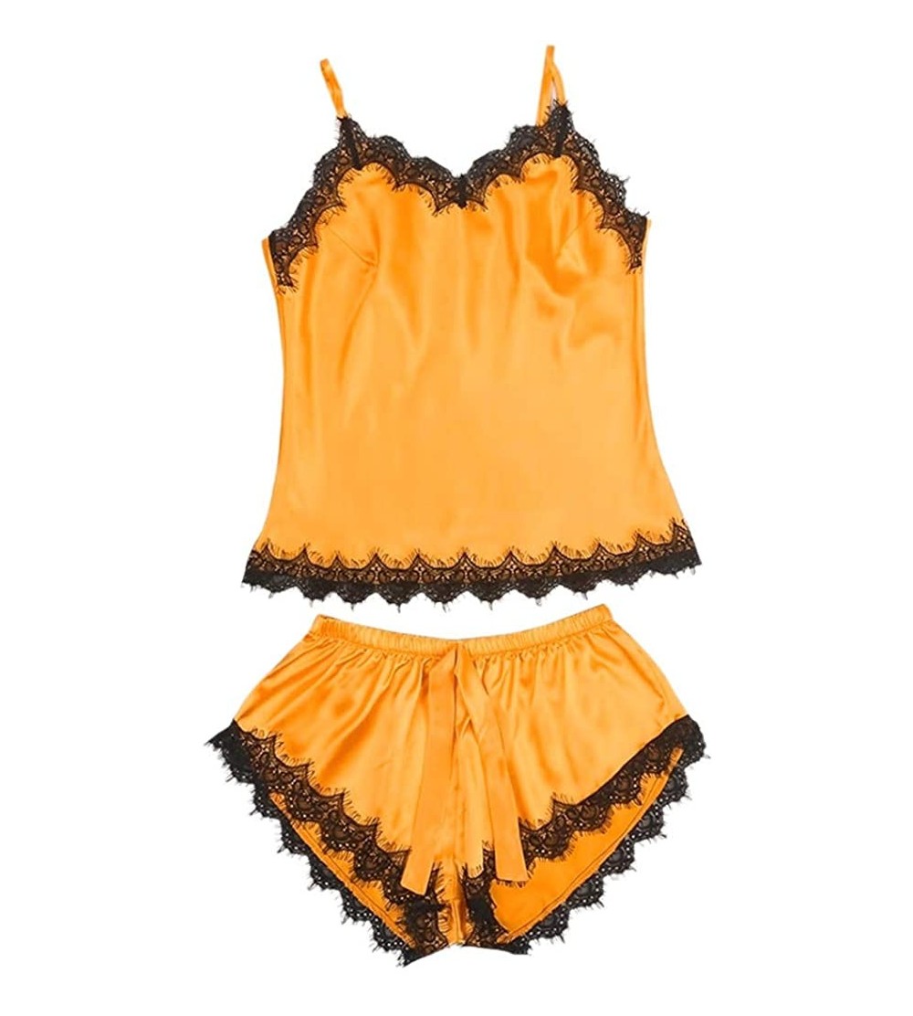 Sets Women Sexy Satin Sling Ruffled Pajamas Sleepwear Set Sling V Neck Vest Tops Loose Comfy Shorts - Orange - C618RQGDCR9 $1...