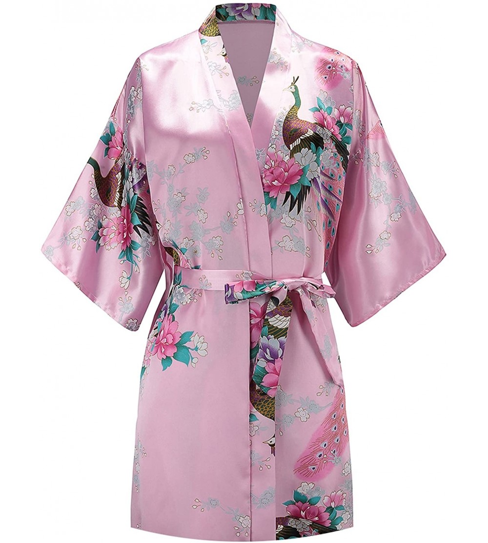 Robes Women Peacock Satin Short Bridal Kimono Robe Bridesmaid Sleepwear Wedding Dressing Gown - Pink - CU18DH87N33 $9.76