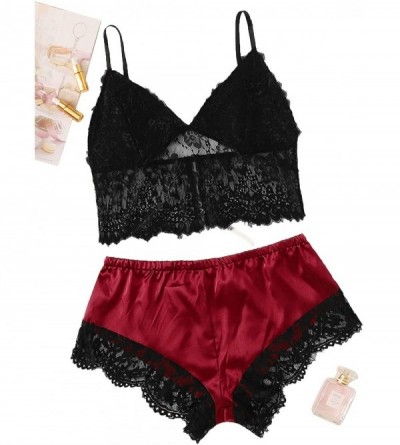 Sets Women's 2 Piece Lingerie Set Lace Cami Top with Shorts Sexy Pajama Set - Black Red-3 - CO194L6A54Y $13.92